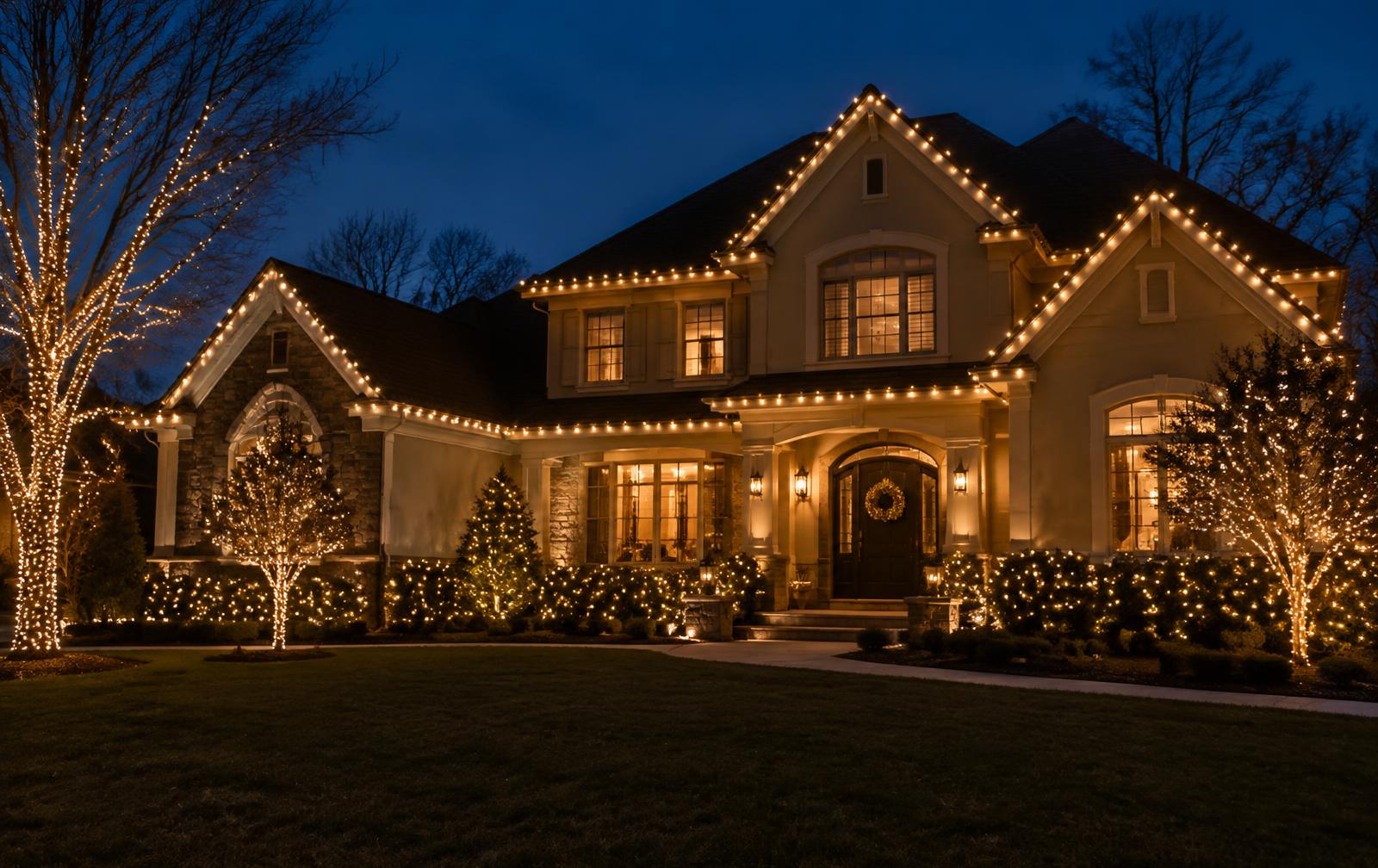 Illustrative image of a two-story home lit with warm white Christmas lights